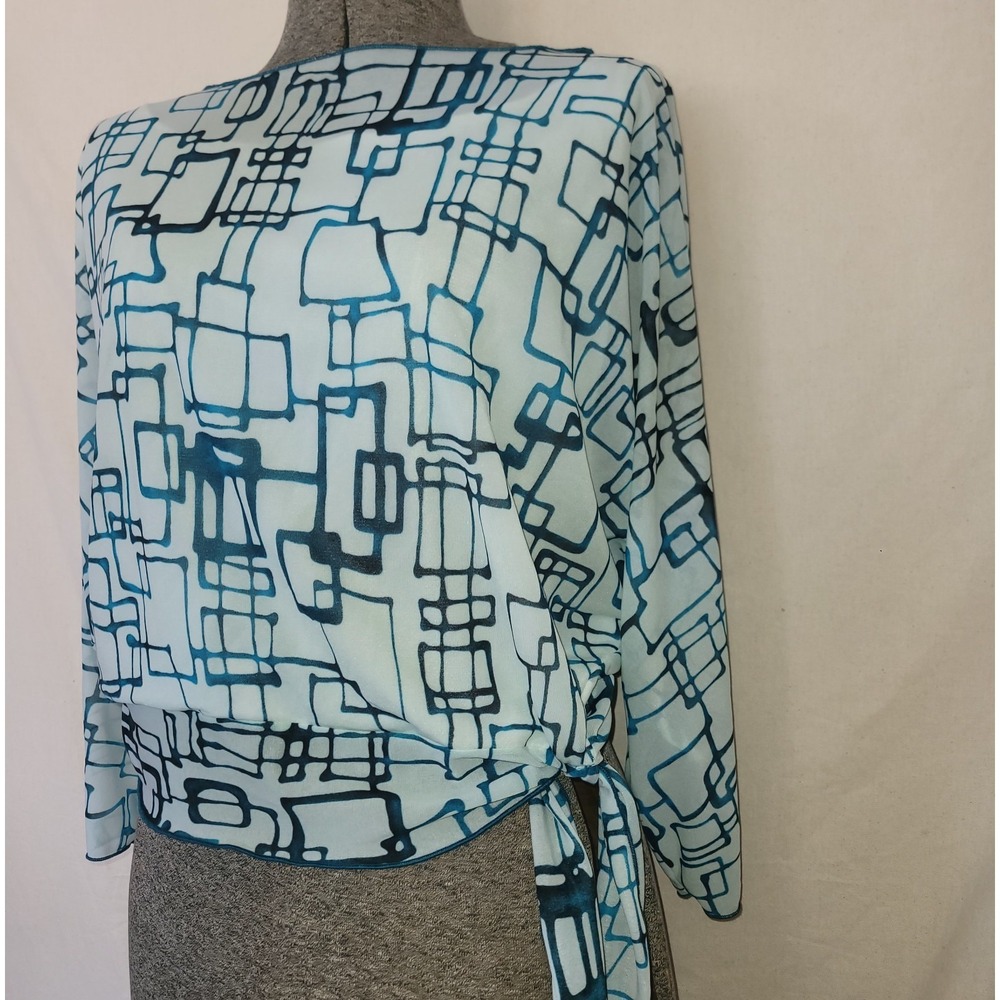 Vintage 90s Y2K Bat Wing Top Sheer Baby Blue Geometric Fang Glam L/XL Tie Waist - Picture 4 of 12